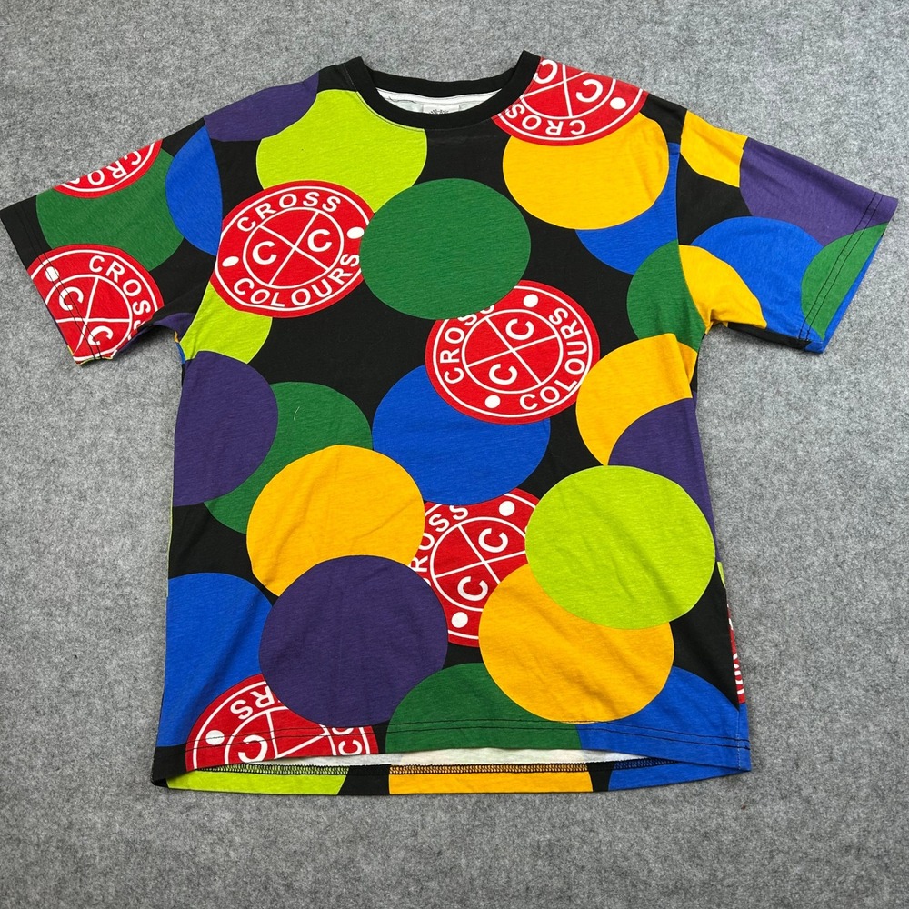 EUC Vintage Cross Colours Mens Logo T-Shirt Multi Color AOP Hip Hop Streetwear M